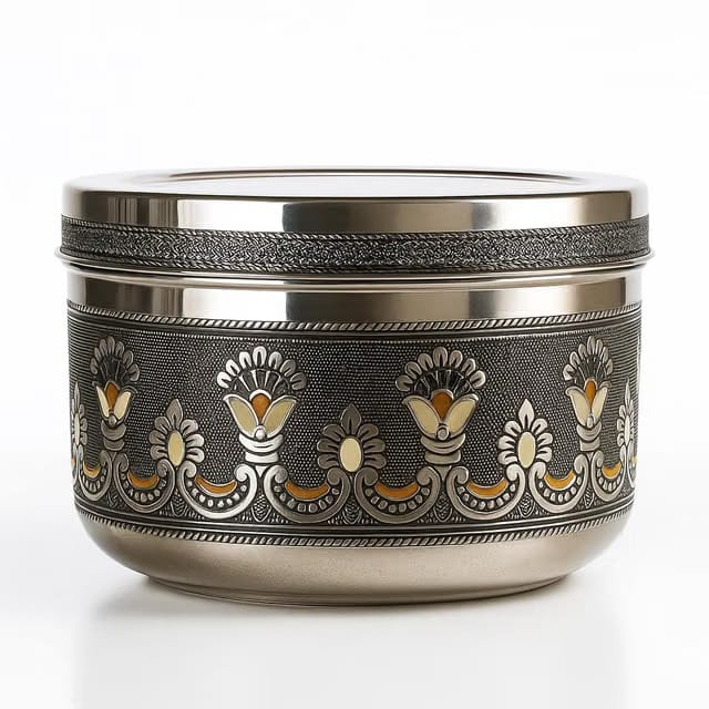 Antique Stainless Steel Decorative Dry Fruit Box – Handcrafted Floral Engraved Storage dabba with Designer