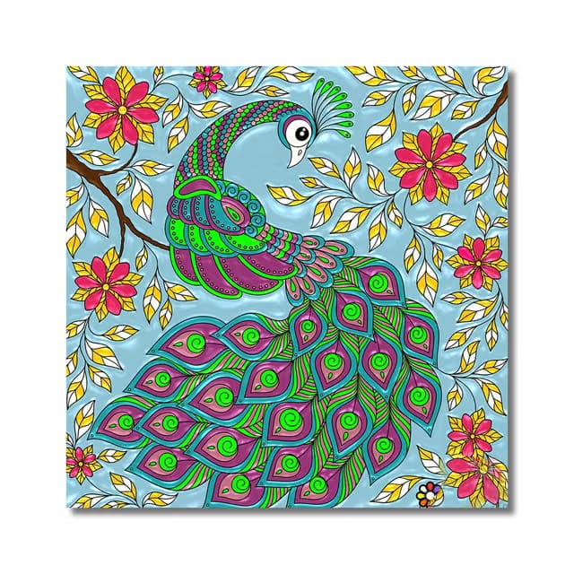 Colorful Peacock Canvas Painting Traditional Art, Kalamkari, Madhubani Art, Wall Art, Painting for Living Room, Bedroom