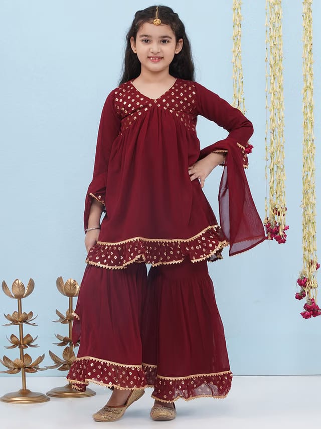 Girls Ethnic Motif Printed Empire Gotta Patti Kurti with Sharara & Dupatta