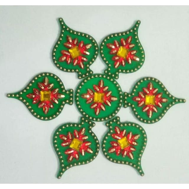 Designer Acrylic Flower Shape Handcrafted Decorative Diwali Re-arrangeable Kundan Rangoli for Floor Decoration (Green)