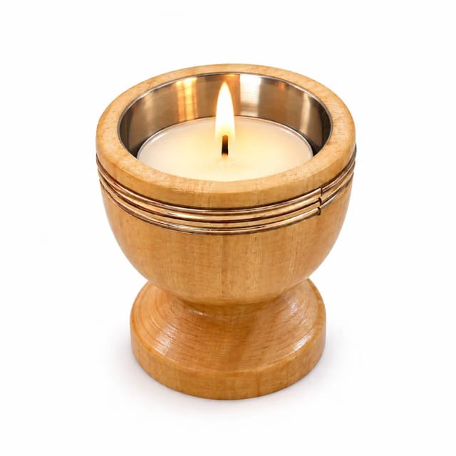 Wooden Diya Candle Holder with Metal Inner Cup, Decorative Oil Lamp Stand for Pooja, Diwali