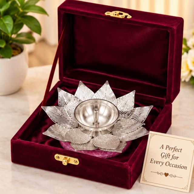 RitzyCrafts Premium Lotus Diya Decorative Gift Item, Silver Finish Metal Lotus Oil Lamp for Diwali Puja, Home Decor