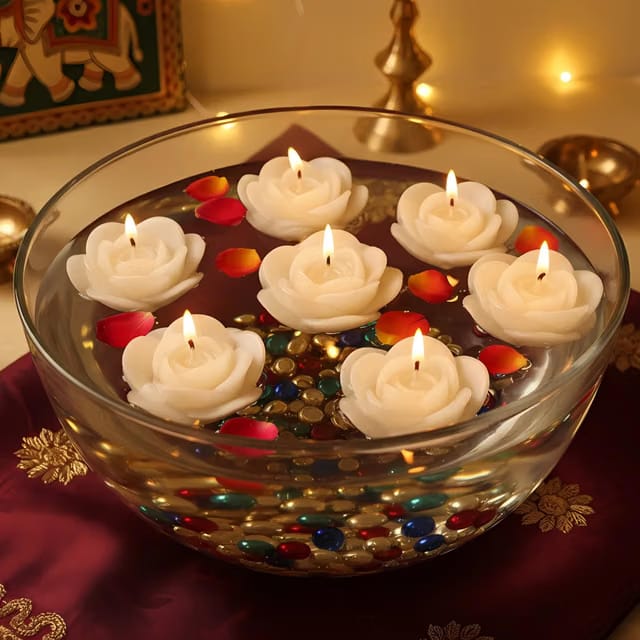 Floating Rose Candles, White Colour Wax Candle with Coconut Vanilla Fragrance