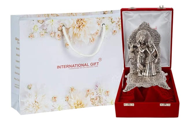 INTERNATIONAL GIFT Silver Plated Radha Krishna God Idol with Premium Velvet Gift Box for Gifting with 1 Year Warranty(18