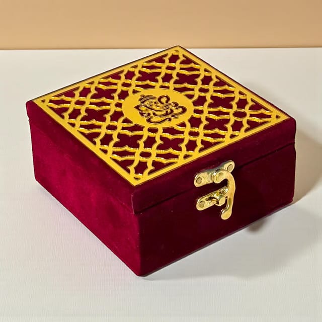Handcrafted Velvet Jewellery Box, Ganpati Ji Design, Red, 4x4