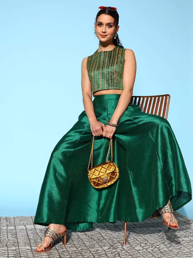 Women Green & Gold-Toned Printed Co-ords