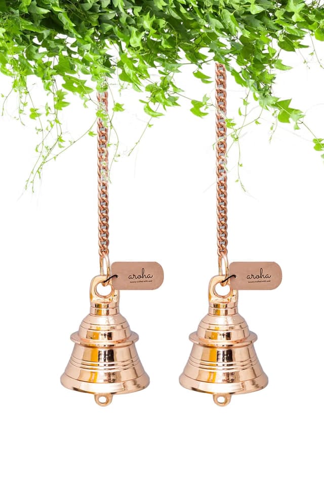 Aroha ® Pooja Mandir Decorative Brass Hanging Bells with Chain & Hook (Rose Gold Collection, 2 Bells)