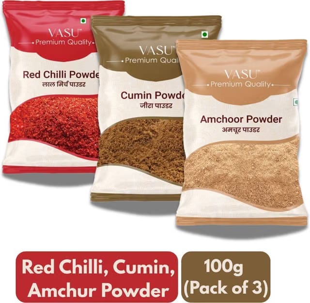 VASU Spice Powder Combo Red Chilli, Cumin & Amchur Powder 100g Each