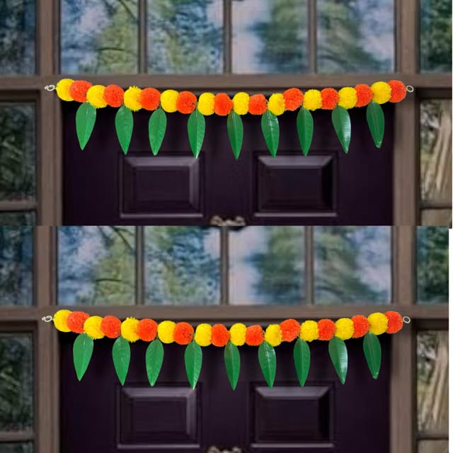 Decorative Pack of 2 Marigold Bandanwar with Mango Leaves, 40 Inch Toran for Door Decoration