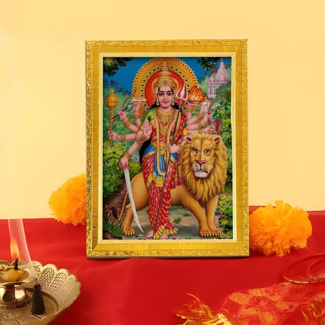 Divine Devi Maa Durga Religious Golden Photo Frame Standable and Wall Hanging for Temple, Mandir, Puja Ghar, Home
