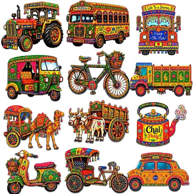 Indian Rajasthani Folk Art Vehicle Fridge Magnets Set Colorful Truck, Bus, Auto Rickshaw, Camel Cart, Bullock Cart