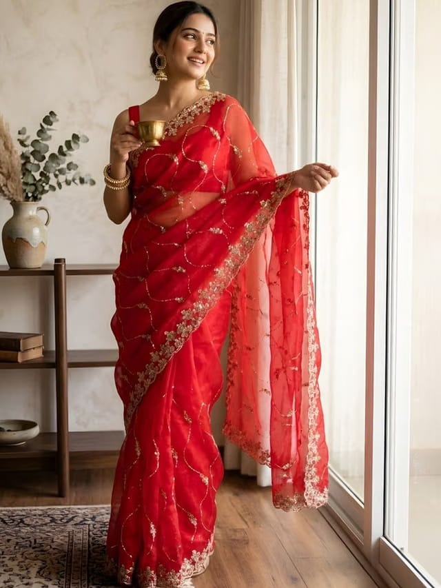 Floral Embroidered Poly Chiffon Saree