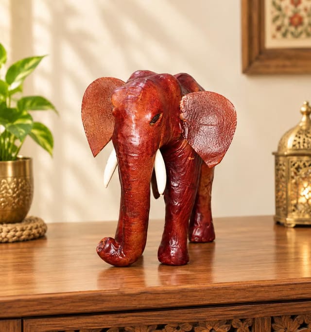 Chitra Wooden Leather Elephant Statue for Home Decor 15 cm