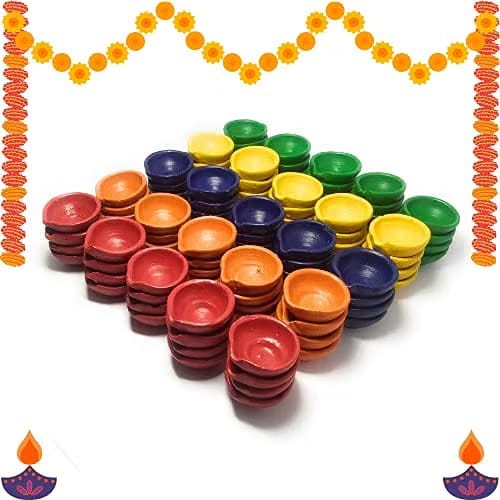 Indian Karigar Diya for Diwali Decoration Items for Home Decor 50 Colourful Clay Decorative Diyas for Diwali Festival