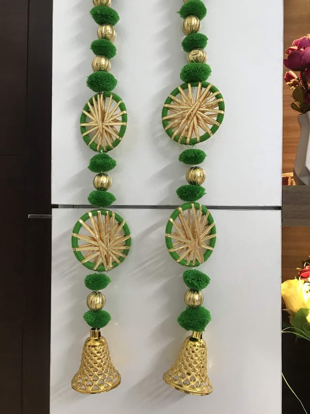 Aahum Handmade Wall Door 3.5 ft.Strings Green Hanging PomPom Chakri ToransGarland Bandhwar with Golden Bells-Decoration