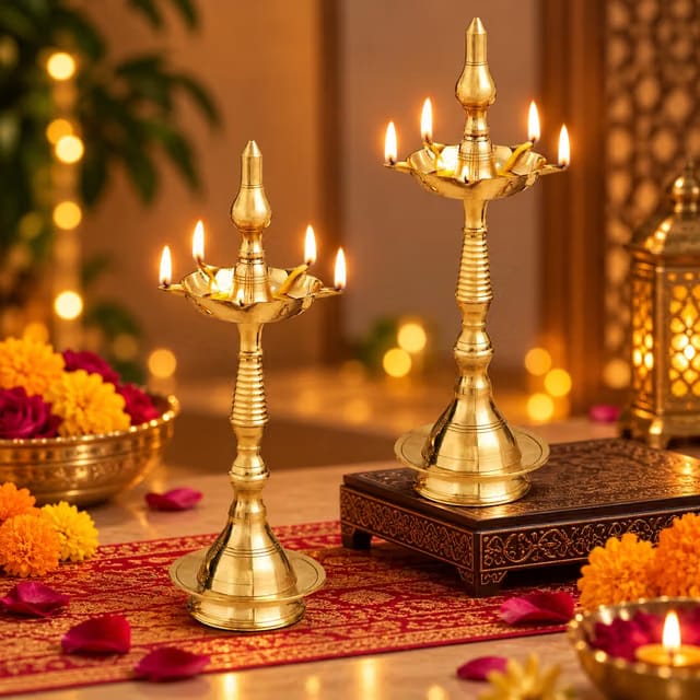 TIED RIBBONS Set of 2 Brass Nilavilakku Kerala Diya Oil Lamp Stand for Puja Room Temple Mandir Office Festival