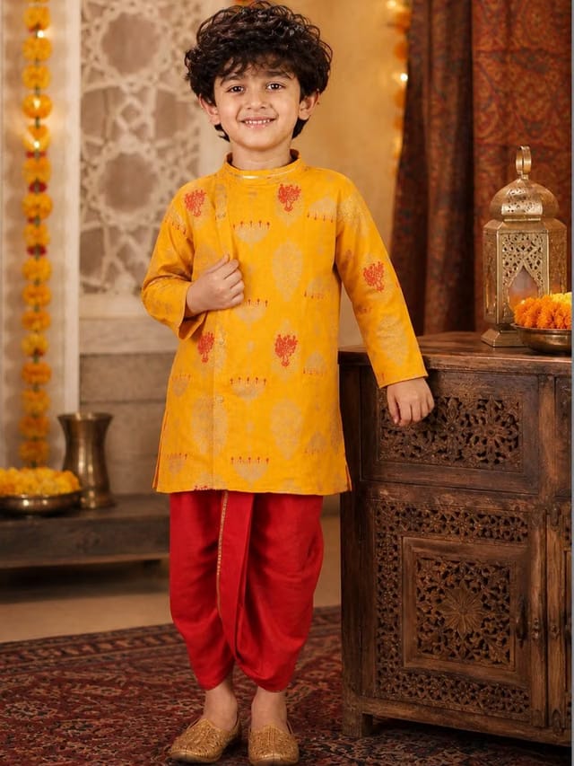 Superminis Boys Ethnic Motifs Printed Angrakha Pure Cotton Straight Kurta With Dhoti Pants