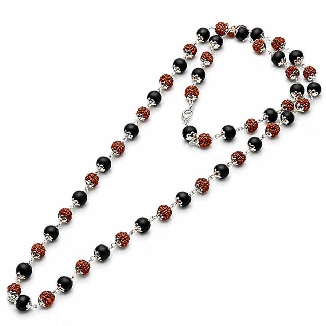 AVORA Rudraksha Karungali Mala 54 Beads, 6mm, Silver Capped for Men & Women