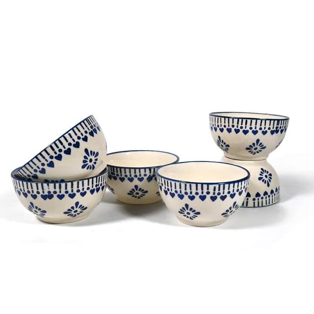 Ceramic Jaipur Blue Pottery Bowl Set Dessert Bowl 180Ml Set of 6 Icecream Bowl Blue Jhallar Design