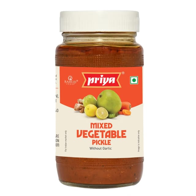 Priya Mixed Vegetable Pickle Without Garlic, 500g,Glass Jar- Authentic Telugu Style Achar