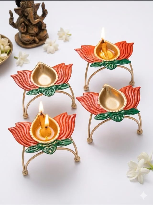 S.S Handicraft Metal Lotus Diya with Stand for Puja (Set of 4)