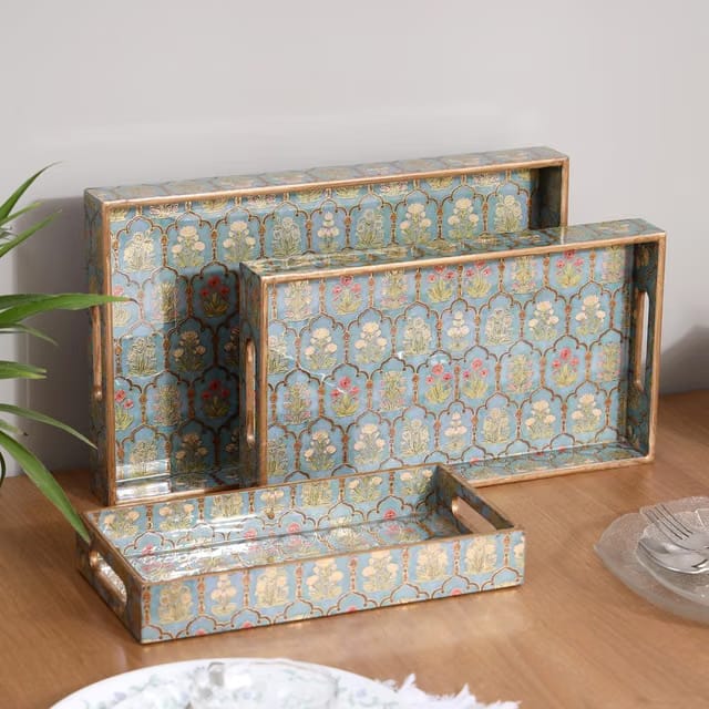 Set of 3 Waterproof Wooden Trays – Traditional Jharoka and Flower Motif Design