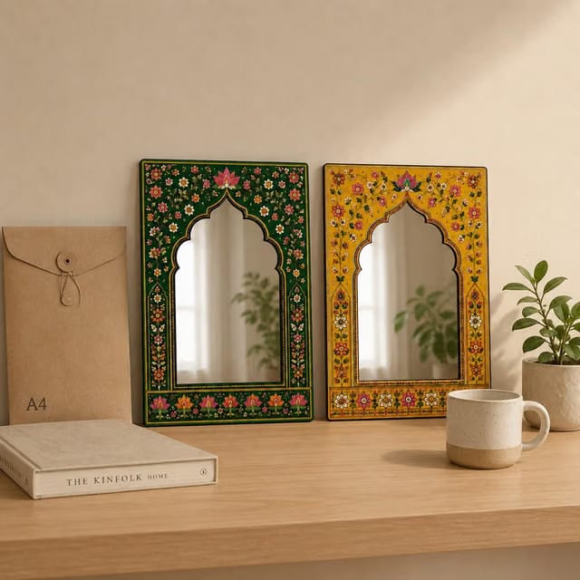 American Elm Pack of 2 Jharokha Mirror Wall Decor for Home Decor Living Room Indian Floral Arch Acrylic Mirror Wall