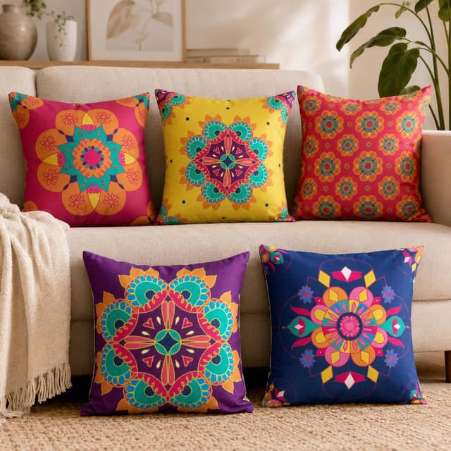 Vendola Decorative Satin Sofa Cushion Covers Set of 5, 16 inch x 16 inch, Sofa Pillow Cover, Ethnic Festive, Yellow
