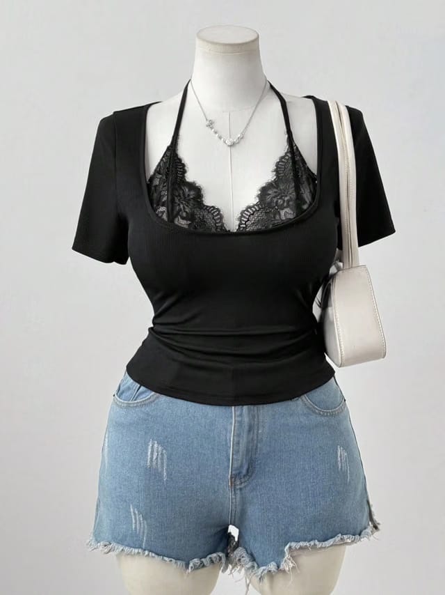 Women's Plus Size Lace-trimmed Pullover T-Shirt