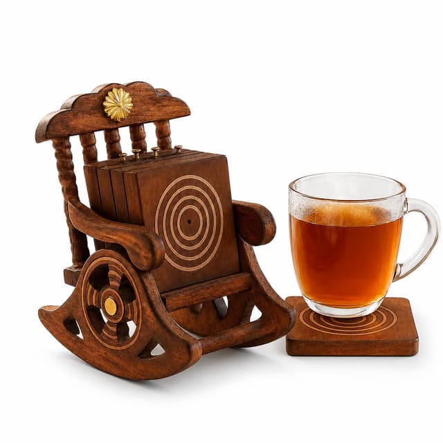 METALMASTER Handcrafted Wooden Rocking Chair Coaster Set – Unique Decorative Tea & Coffee Coasters for Dining Table