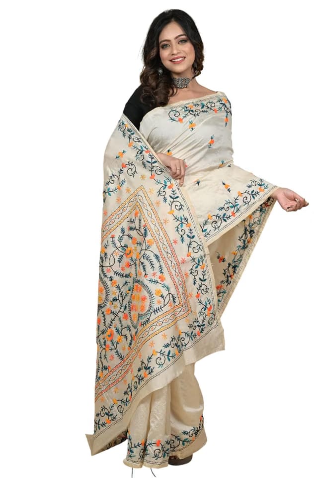 Women Cotton Lapiaja Bengali Design Traditional Kantha Stitch Saree