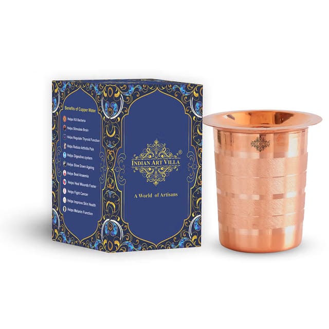INDIAN ART VILLA Copper Glass Tumbler Cup with Lid, Drinking Serving Water, Yoga Ayurveda