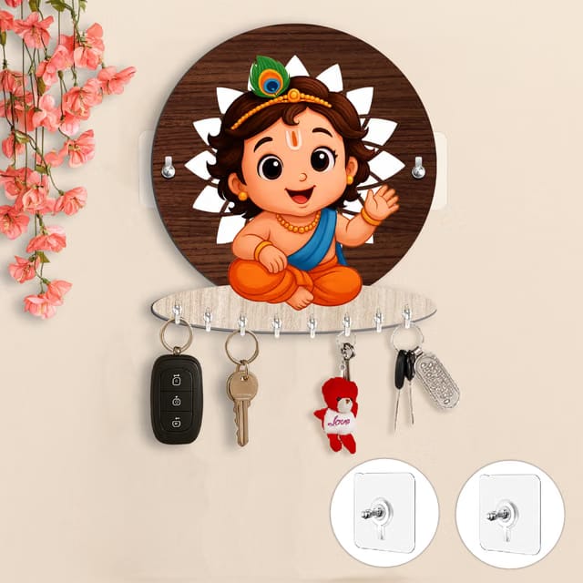 Baby Krishna Wooden Key Holder for Home Without Drill, Brown, 8 Hooks, Modern Style