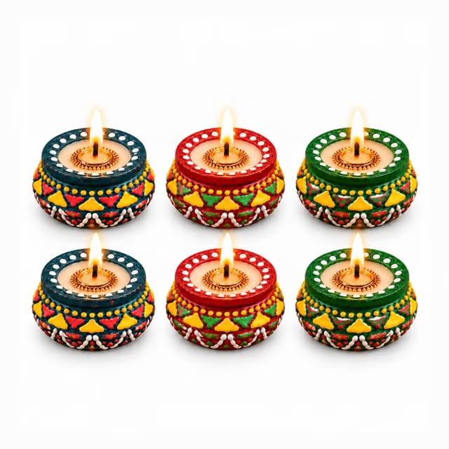 FlowerAura Pack of 6 Handcrafted Terracotta Matki Wax Diyas, Hand-Painted Mitti Diyas for Diwali Decoration, Pooja Room