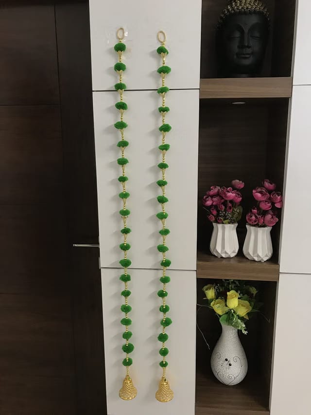 Magpie Handmade Wall Door Green Color Pom Pom String with Golden Beads,Triangle Flowers Hanging Garland Bandhwar