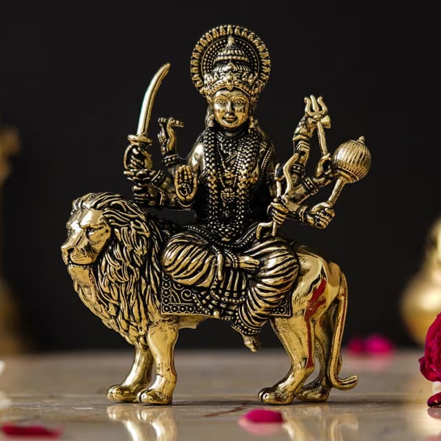 Brass 3 Inch Durga Maa Sitting On Lion Idol Goddess Sherawali Maa Murti Mata Rani Statue Adi Shakti Feng Shui for