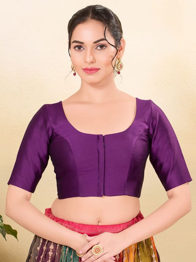 Women Purple Silk Solid Elbow Sleeve Readymade Saree Blouse