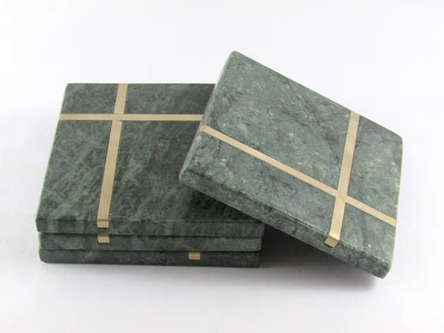 Marble Square Coasters with Brass Inlay (Set of 4) Mini Decor Accessories for Dining Table/Hot Pots/Cups/Glass