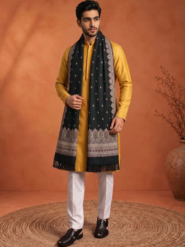 SAHASIKA Men Ethnic Geometric Woven Design Pashmina Fringed Border Shawl