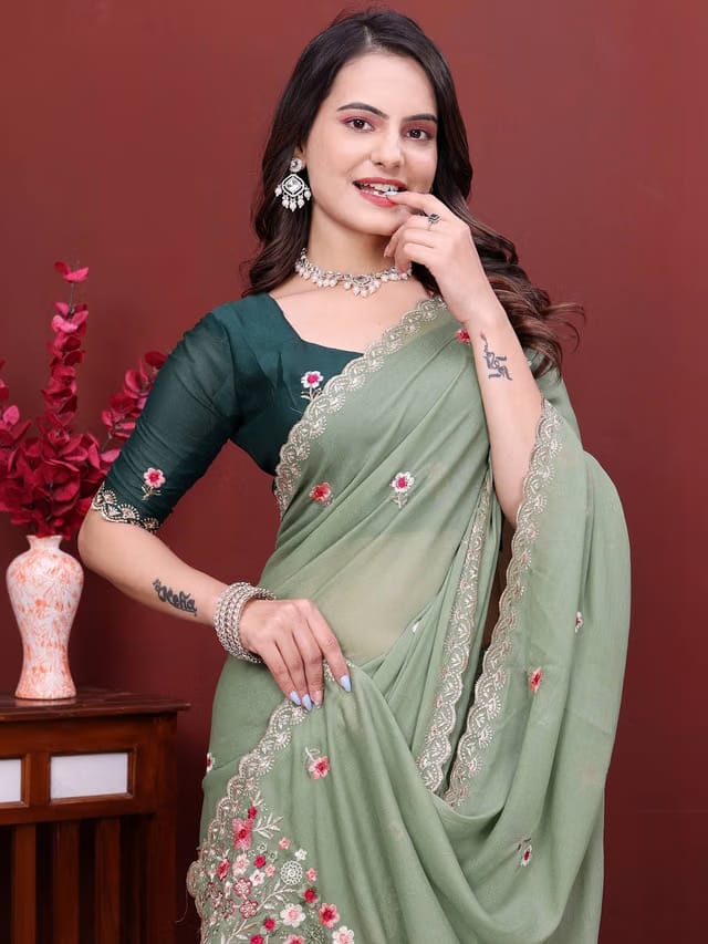 K 5 Fashion Floral Embroidered Pure Georgette Heavy Work Kanjeevaram Saree