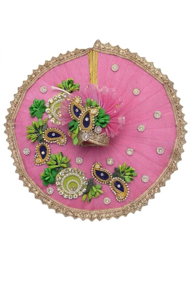 Handcrafted Laddu Gopal Poshak Dress, Net Fabric, Golden Lace Border, Rhinestone Work, Floral Embellishment