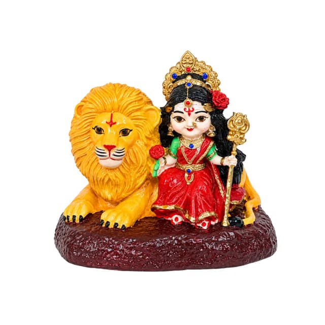 Bal Durga Idol, 8 cm Hand Painted Resin Maa Durga Murti with Lion, Trishul & Traditional Details