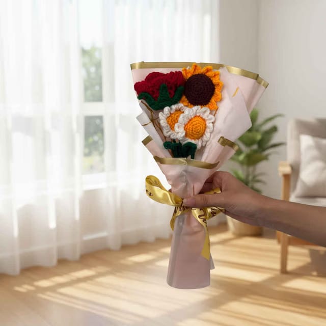 Handmade Crochet Rose Sunflower Daisy Flower Bouquet