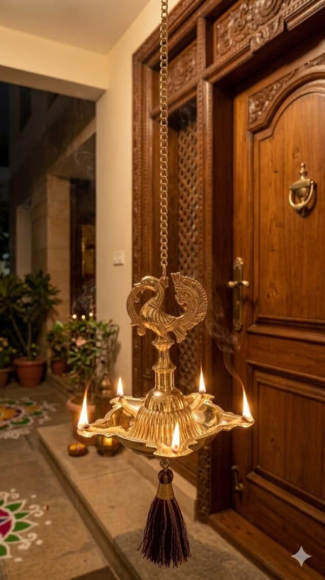 Infinite Skies Corporation : Ethnic Peacock Design 5 Oil Wick Brass Hanging Diya, Golden Antique Finish