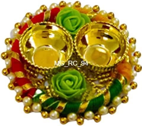 Madhulica Designer Decorated Handcrafted Unique Pooja Thali with 2 Katoriand moti and flower for Festival Ethnic Puja