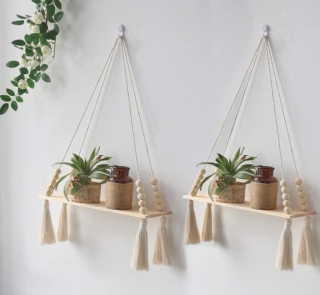 Cotton Macrame Wall Hanging Shelf For Home Decor Set Of 2-Pieces|56|Woven Art For Home Decoration,Apartment, Dorm