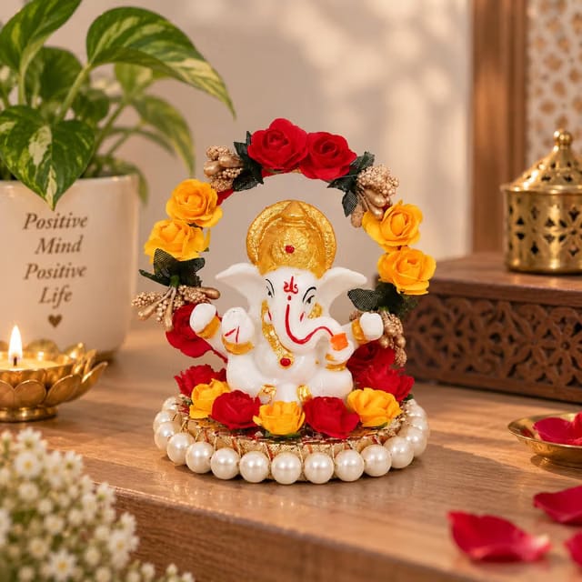 eCraftIndia Resin Lord Ganesha Idol On Decorative Rose Flower Plate