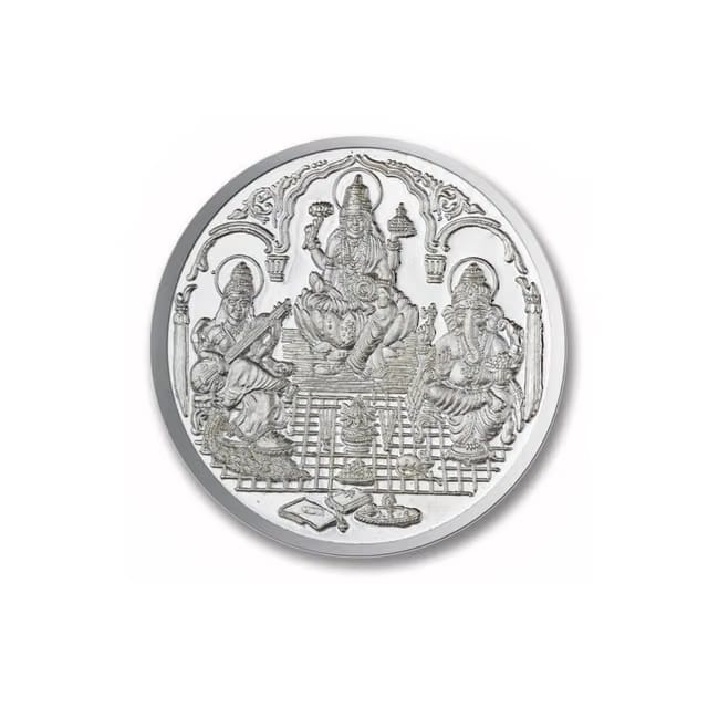 Hope Gems & Jewels® 999 Silver Round Shape Laxmi Ganesh and Saraswati (Trimurti) Coin for Diwali Pooja and Gifting