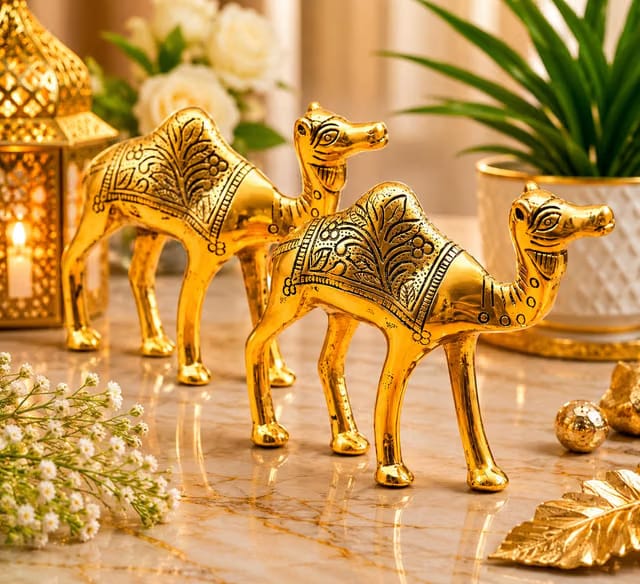 Handcrafted Brass Camel Figurine Showpiece, Gold, Set of 2, Home Decor, 8x3x7.5 cm