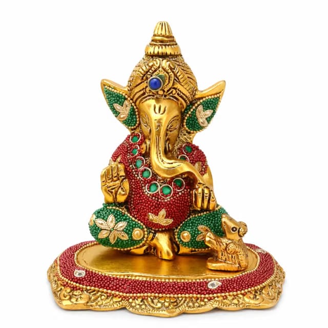 Kalakriti Metal Ganpati Idol with Mouse, 6 Inch Gold Finish Lord Ganesha Statue for Home Decor |Temple Office Hostel